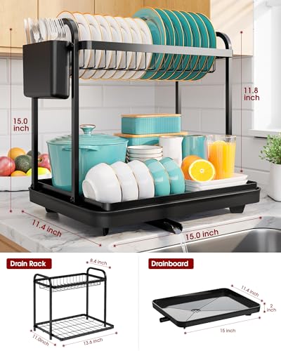 Sakugi 2-Tier Dish Drying Rack - Stainless Steel Dish Rack with Cutlery & Utensil Holders for Kitchen Counter, Sink Organization and Storage for Small Family, 15" W x 11.4" L x 15" H, Black - My Kitchen Products