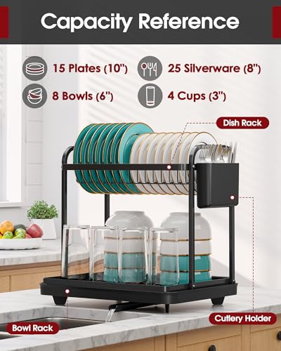 Sakugi 2-Tier Dish Drying Rack - Stainless Steel Dish Rack with Cutlery & Utensil Holders for Kitchen Counter, Sink Organization and Storage for Small Family, 15" W x 11.4" L x 15" H, Black - My Kitchen Products