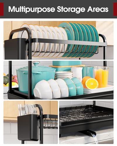 Sakugi 2-Tier Dish Drying Rack - Stainless Steel Dish Rack with Cutlery & Utensil Holders for Kitchen Counter, Sink Organization and Storage for Small Family, 15" W x 11.4" L x 15" H, Black - My Kitchen Products