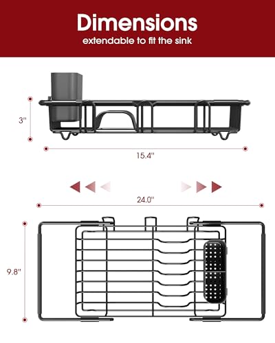 Sakugi Dish Drying Rack in Sink - Expandable Stainless Steel Dish Rack Over the Sink, Kitchen Sink Drain Strainer with Cutlery Holder & Cup Holders, 15.4 x 9.8 x 3.0 Inch, Black - My Kitchen Products