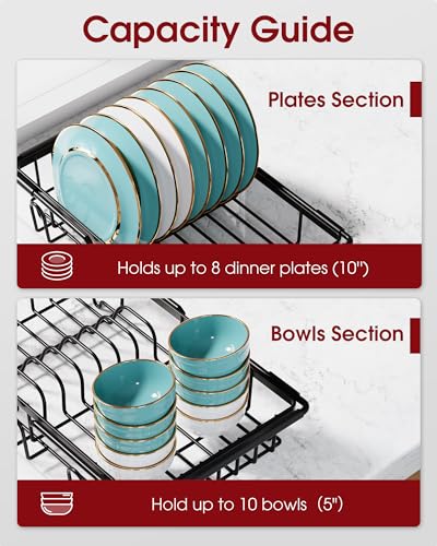 Sakugi Dish Drying Rack in Sink - Expandable Stainless Steel Dish Rack Over the Sink, Kitchen Sink Drain Strainer with Cutlery Holder & Cup Holders, 15.4 x 9.8 x 3.0 Inch, Black - My Kitchen Products