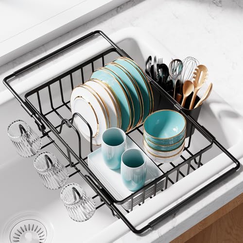 Sakugi Dish Drying Rack in Sink - Expandable Stainless Steel Dish Rack Over the Sink, Kitchen Sink Drain Strainer with Cutlery Holder & Cup Holders, 15.4 x 9.8 x 3.0 Inch, Black - My Kitchen Products