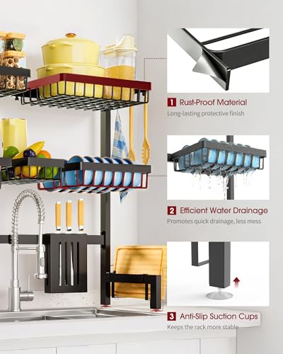 Sakugi Dish Drying Rack - Over The Sink Dish Drainer Drying Rack with Utensil & Knife Holder, Hooks, Stainless Steel Kitchen Organizers and Storage Solution, 11.8" D x 31.5"~39.0''W x 30" H, Black - My Kitchen Products