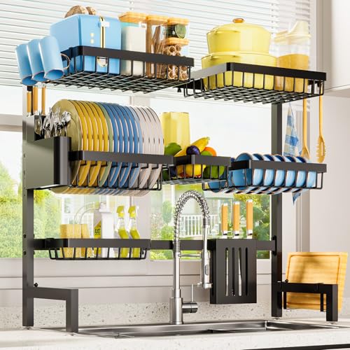 Sakugi Dish Drying Rack - Over The Sink Dish Drainer Drying Rack with Utensil & Knife Holder, Hooks, Stainless Steel Kitchen Organizers and Storage Solution, 11.8" D x 31.5"~39.0''W x 30" H, Black - My Kitchen Products
