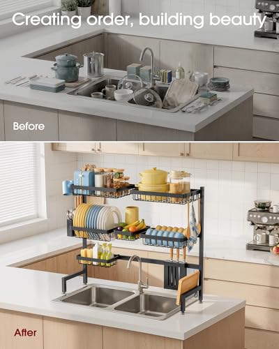 Sakugi Dish Drying Rack - Over The Sink Dish Drainer Drying Rack with Utensil & Knife Holder, Hooks, Stainless Steel Kitchen Organizers and Storage Solution, 11.8" D x 31.5"~39.0''W x 30" H, Black - My Kitchen Products