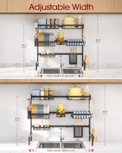 Sakugi Dish Drying Rack - Over The Sink Dish Drainer Drying Rack with Utensil & Knife Holder, Hooks, Stainless Steel Kitchen Organizers and Storage Solution, 11.8" D x 31.5"~39.0''W x 30" H, Black - My Kitchen Products