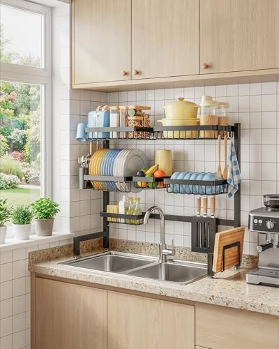 Sakugi Dish Drying Rack - Over The Sink Dish Drainer Drying Rack with Utensil & Knife Holder, Hooks, Stainless Steel Kitchen Organizers and Storage Solution, 11.8" D x 31.5"~39.0''W x 30" H, Black - My Kitchen Products