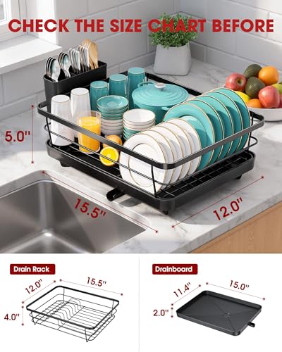 Sakugi Dish Drying Rack - Stainless Steel Dish Rack with Drainboard for Kitchen Counter and Sink, 15.6" D x 12" W x 5" H, Black - My Kitchen Products