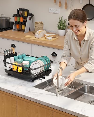 Sakugi Dish Drying Rack - Stainless Steel Dish Rack with Drainboard for Kitchen Counter and Sink, 15.6" D x 12" W x 5" H, Black - My Kitchen Products
