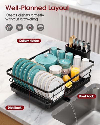 Sakugi Dish Drying Rack - Stainless Steel Dish Rack with Drainboard for Kitchen Counter and Sink, 15.6" D x 12" W x 5" H, Black - My Kitchen Products