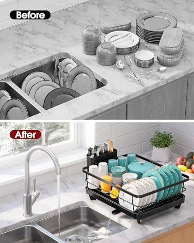 Sakugi Dish Drying Rack - Stainless Steel Dish Rack with Drainboard for Kitchen Counter and Sink, 15.6" D x 12" W x 5" H, Black - My Kitchen Products