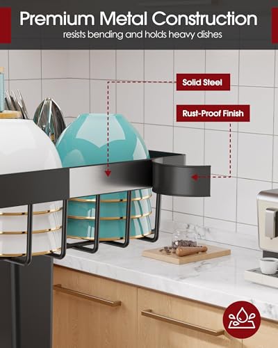 Sakugi Over The Sink Dish Drying Rack - Adjustable 2 Tier Large Capacity Stainless Steel Drainer with Cutlery & Utensil Holders, Kitchen Storage & Organization, 30"-33.9" L x 11" W x 21.5" H, Black - My Kitchen Products