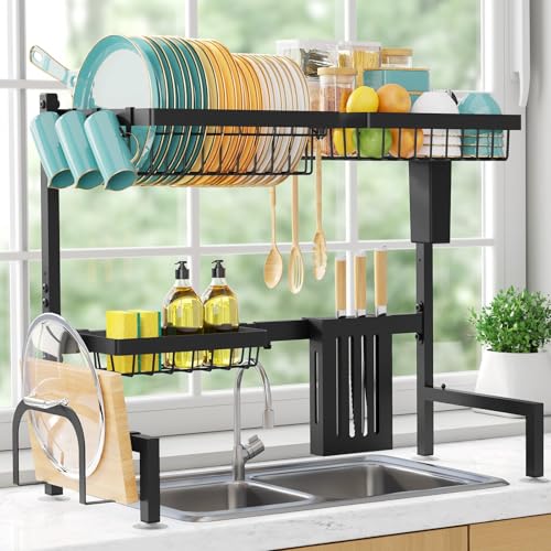 Sakugi Over The Sink Dish Drying Rack - Adjustable 2 Tier Large Capacity Stainless Steel Drainer with Cutlery & Utensil Holders, Kitchen Storage & Organization, 30"-33.9" L x 11" W x 21.5" H, Black - My Kitchen Products