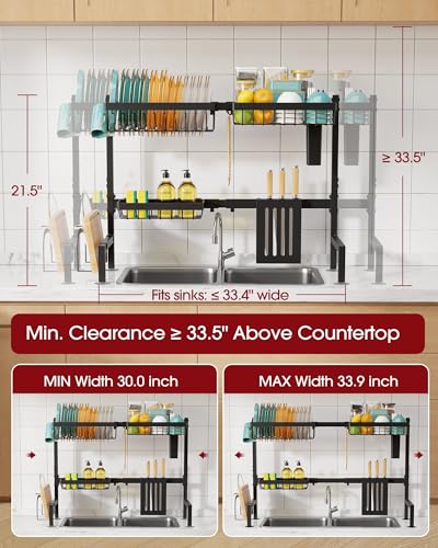 Sakugi Over The Sink Dish Drying Rack - Adjustable 2 Tier Large Capacity Stainless Steel Drainer with Cutlery & Utensil Holders, Kitchen Storage & Organization, 30"-33.9" L x 11" W x 21.5" H, Black - My Kitchen Products