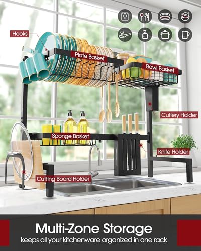 Sakugi Over The Sink Dish Drying Rack - Adjustable 2 Tier Large Capacity Stainless Steel Drainer with Cutlery & Utensil Holders, Kitchen Storage & Organization, 30"-33.9" L x 11" W x 21.5" H, Black - My Kitchen Products