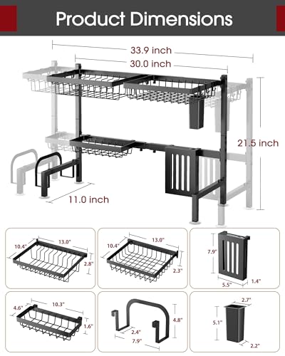 Sakugi Over The Sink Dish Drying Rack - Adjustable 2 Tier Large Capacity Stainless Steel Drainer with Cutlery & Utensil Holders, Kitchen Storage & Organization, 30"-33.9" L x 11" W x 21.5" H, Black - My Kitchen Products