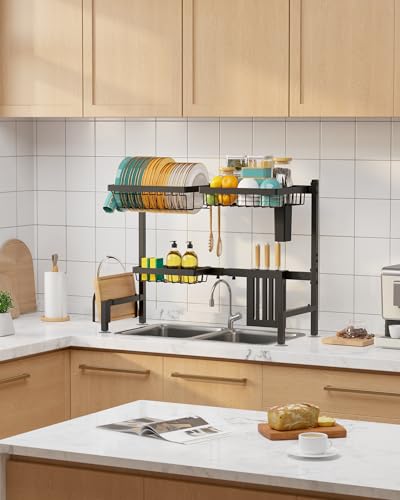 Sakugi Over The Sink Dish Drying Rack - Adjustable 2 Tier Large Capacity Stainless Steel Drainer with Cutlery & Utensil Holders, Kitchen Storage & Organization, 30"-33.9" L x 11" W x 21.5" H, Black - My Kitchen Products
