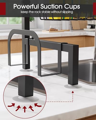 Sakugi Over The Sink Dish Drying Rack - Adjustable 2 Tier Large Capacity Stainless Steel Drainer with Cutlery & Utensil Holders, Kitchen Storage & Organization, 30"-33.9" L x 11" W x 21.5" H, Black - My Kitchen Products