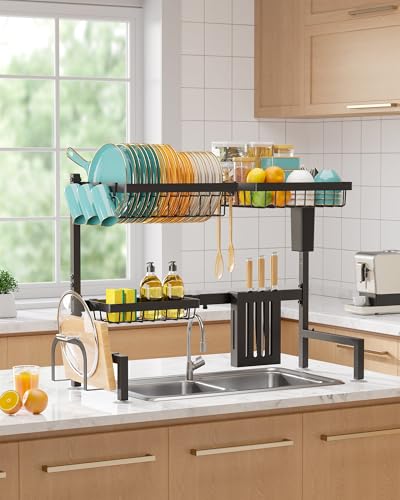 Sakugi Over The Sink Dish Drying Rack - Adjustable 2 Tier Large Capacity Stainless Steel Drainer with Cutlery & Utensil Holders, Kitchen Storage & Organization, 30"-33.9" L x 11" W x 21.5" H, Black - My Kitchen Products