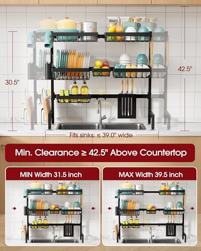 Sakugi Over The Sink Dish Drying Rack - Adjustable 3 Tier XX-Large Capacity Stainless Steel Drainer with Cutlery & Utensil Holders, Kitchen Storage & Organization, 31.5"-39.5"L x 12"W x 30.5"H, Black - My Kitchen Products
