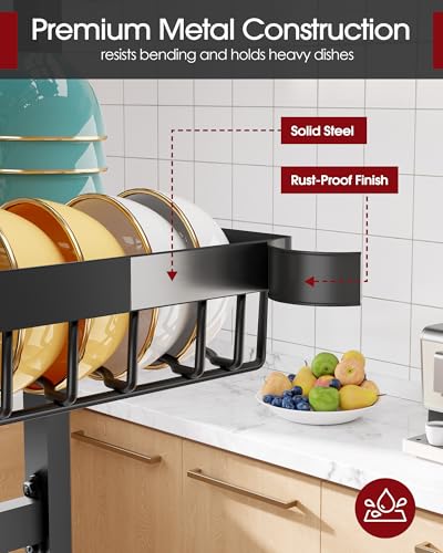 Sakugi Over The Sink Dish Drying Rack - Adjustable 3 Tier XX-Large Capacity Stainless Steel Drainer with Cutlery & Utensil Holders, Kitchen Storage & Organization, 31.5"-39.5"L x 12"W x 30.5"H, Black - My Kitchen Products