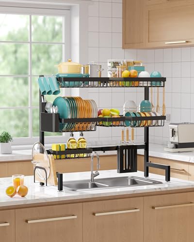 Sakugi Over The Sink Dish Drying Rack - Adjustable 3 Tier XX-Large Capacity Stainless Steel Drainer with Cutlery & Utensil Holders, Kitchen Storage & Organization, 31.5"-39.5"L x 12"W x 30.5"H, Black - My Kitchen Products