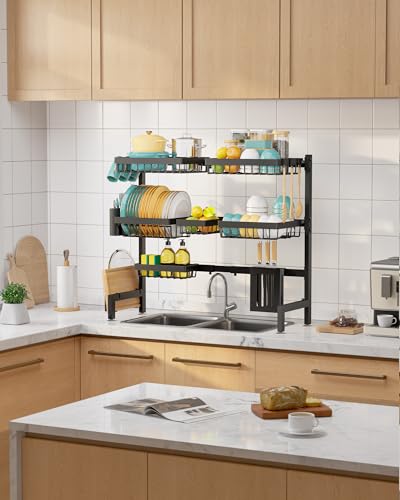 Sakugi Over The Sink Dish Drying Rack - Adjustable 3 Tier XX-Large Capacity Stainless Steel Drainer with Cutlery & Utensil Holders, Kitchen Storage & Organization, 31.5"-39.5"L x 12"W x 30.5"H, Black - My Kitchen Products