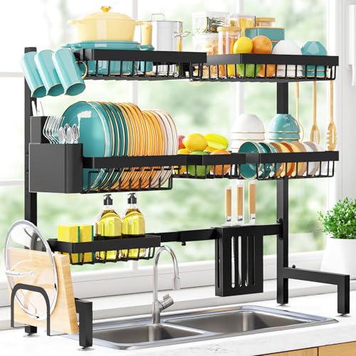 Sakugi Over The Sink Dish Drying Rack - Adjustable 3 Tier XX-Large Capacity Stainless Steel Drainer with Cutlery & Utensil Holders, Kitchen Storage & Organization, 31.5"-39.5"L x 12"W x 30.5"H, Black - My Kitchen Products
