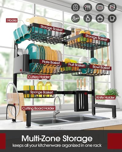 Sakugi Over The Sink Dish Drying Rack - Adjustable 3 Tier XX-Large Capacity Stainless Steel Drainer with Cutlery & Utensil Holders, Kitchen Storage & Organization, 31.5"-39.5"L x 12"W x 30.5"H, Black - My Kitchen Products