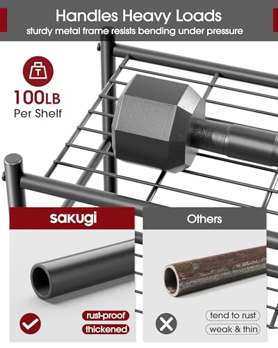 Sakugi Storage Shelves - 5-Tier Large Capacity Shelf Organizer with Hooks, Heavy-Duty Garage Shelving with Leveling Feet, Wobble-Free Rack for Bedroom, Balcony, Garage, 18.1"×12.4"×56.8", Black - My Kitchen Products