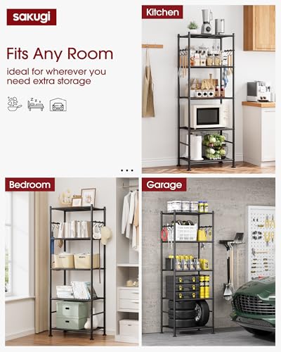 Sakugi Storage Shelves - 5-Tier Large Capacity Shelf Organizer with Hooks, Heavy-Duty Garage Shelving with Leveling Feet, Wobble-Free Rack for Bedroom, Balcony, Garage, 18.1"×12.4"×56.8", Black - My Kitchen Products