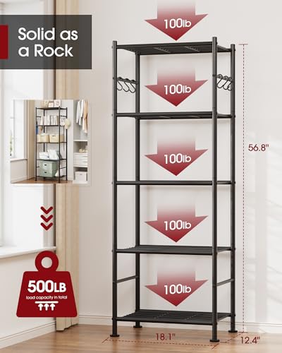 Sakugi Storage Shelves - 5-Tier Large Capacity Shelf Organizer with Hooks, Heavy-Duty Garage Shelving with Leveling Feet, Wobble-Free Rack for Bedroom, Balcony, Garage, 18.1"×12.4"×56.8", Black - My Kitchen Products