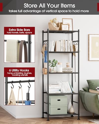 Sakugi Storage Shelves - 5-Tier Large Capacity Shelf Organizer with Hooks, Heavy-Duty Garage Shelving with Leveling Feet, Wobble-Free Rack for Bedroom, Balcony, Garage, 18.1"×12.4"×56.8", Black - My Kitchen Products