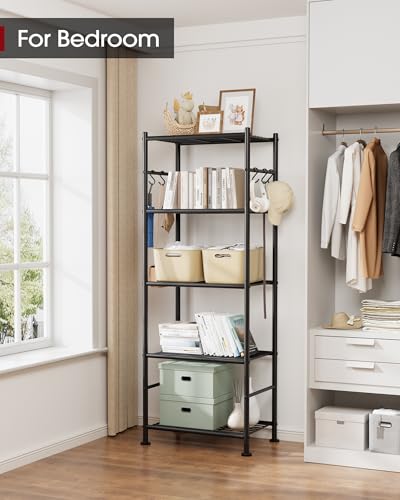 Sakugi Storage Shelves - 5-Tier Large Capacity Shelf Organizer with Hooks, Heavy-Duty Garage Shelving with Leveling Feet, Wobble-Free Rack for Bedroom, Balcony, Garage, 18.1"×12.4"×56.8", Black - My Kitchen Products