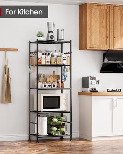 Sakugi Storage Shelves - 5-Tier Large Capacity Shelf Organizer with Hooks, Heavy-Duty Garage Shelving with Leveling Feet, Wobble-Free Rack for Bedroom, Balcony, Garage, 18.1"×12.4"×56.8", Black - My Kitchen Products