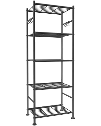 Sakugi Storage Shelves - 5-Tier Large Capacity Shelf Organizer with Hooks, Heavy-Duty Garage Shelving with Leveling Feet, Wobble-Free Rack for Bedroom, Balcony, Garage, 18.1"×12.4"×56.8", Black - My Kitchen Products