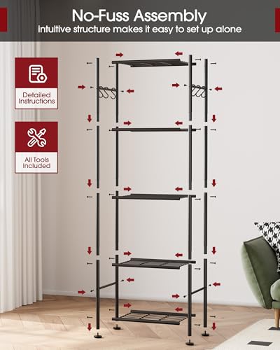 Sakugi Storage Shelves - 5-Tier Large Capacity Shelf Organizer with Hooks, Heavy-Duty Garage Shelving with Leveling Feet, Wobble-Free Rack for Bedroom, Balcony, Garage, 18.1"×12.4"×56.8", Black - My Kitchen Products