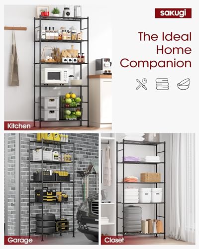 Sakugi Storage Shelves - 5 Tier Shelf Organizer, Heavy Duty Garage Shelving Unit with Leveling Feet, Stable Metal Shelves Organizer for Pantry, Kitchen and Closet, 33.0" W x 12.6" D x 72.0" H, Black - My Kitchen Products