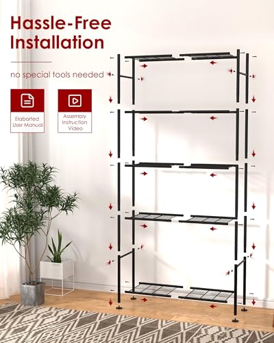 Sakugi Storage Shelves - 5 Tier Shelf Organizer, Heavy Duty Garage Shelving Unit with Leveling Feet, Stable Metal Shelves Organizer for Pantry, Kitchen and Closet, 33.0" W x 12.6" D x 72.0" H, Black - My Kitchen Products
