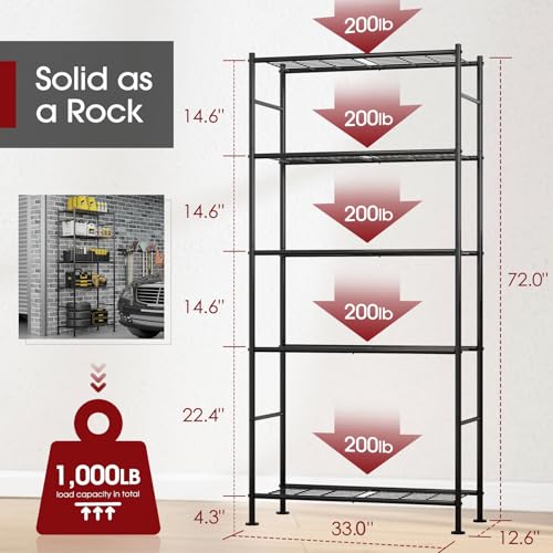 Sakugi Storage Shelves - 5 Tier Shelf Organizer, Heavy Duty Garage Shelving Unit with Leveling Feet, Stable Metal Shelves Organizer for Pantry, Kitchen and Closet, 33.0" W x 12.6" D x 72.0" H, Black - My Kitchen Products