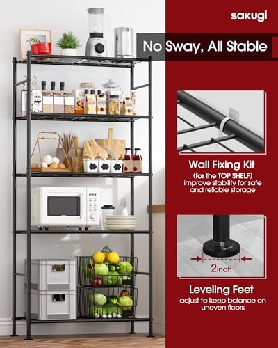 Sakugi Storage Shelves - 5 Tier Shelf Organizer, Heavy Duty Garage Shelving Unit with Leveling Feet, Stable Metal Shelves Organizer for Pantry, Kitchen and Closet, 33.0" W x 12.6" D x 72.0" H, Black - My Kitchen Products