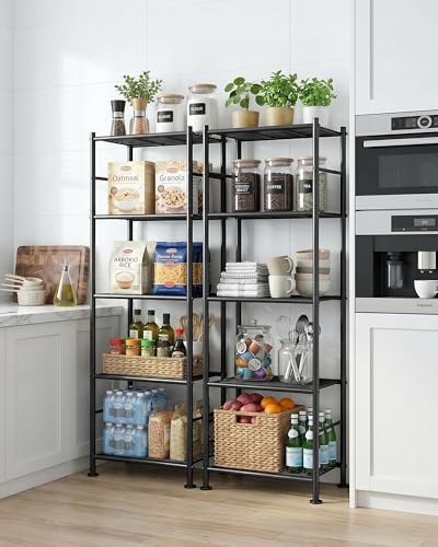 Sakugi Storage Shelves - Set of 2, 5-Tier Metal Shelf Organizer, Space-Saving Garage Shelving with Leveling Feet, Standing Shelves Organizer for Kitchen, Laundry, Pantry (18.4" x 12.6" x 57.4", Black) - My Kitchen Products