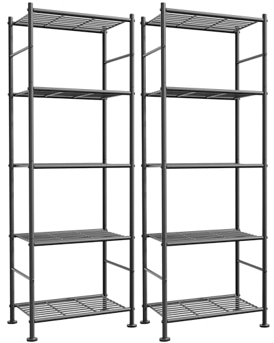 Sakugi Storage Shelves - Set of 2, 5-Tier Metal Shelf Organizer, Space-Saving Garage Shelving with Leveling Feet, Standing Shelves Organizer for Kitchen, Laundry, Pantry (18.4" x 12.6" x 57.4", Black) - My Kitchen Products