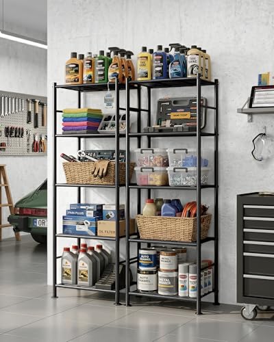 Sakugi Storage Shelves - Set of 2, 5-Tier Metal Shelf Organizer, Space-Saving Garage Shelving with Leveling Feet, Standing Shelves Organizer for Kitchen, Laundry, Pantry (18.4" x 12.6" x 57.4", Black) - My Kitchen Products