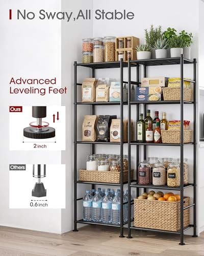 Sakugi Storage Shelves - Set of 2, 5-Tier Metal Shelf Organizer, Space-Saving Garage Shelving with Leveling Feet, Standing Shelves Organizer for Kitchen, Laundry, Pantry (18.4" x 12.6" x 57.4", Black) - My Kitchen Products