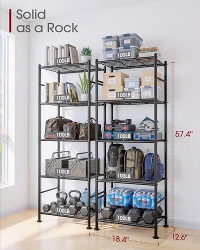 Sakugi Storage Shelves - Set of 2, 5-Tier Metal Shelf Organizer, Space-Saving Garage Shelving with Leveling Feet, Standing Shelves Organizer for Kitchen, Laundry, Pantry (18.4" x 12.6" x 57.4", Black) - My Kitchen Products