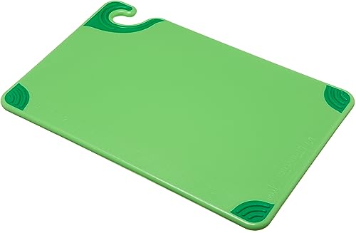 San Jamar Saf-T-Grip Plastic Cutting Board with Safety Hook, 12" x 18" x 0.5", Green - My Kitchen Products