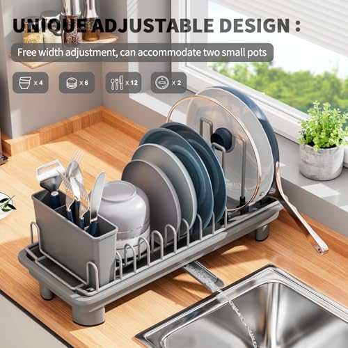 SanDream Small Dish Drying Rack with Removable Utensil Holder & Anti-Scratch Base - Stainless Steel Dish Rack, Dish Drying Rack with Drainage & Space Saving Design for Kitchen Counter, Gray - My Kitchen Products