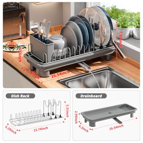 SanDream Small Dish Drying Rack with Removable Utensil Holder & Anti-Scratch Base - Stainless Steel Dish Rack, Dish Drying Rack with Drainage & Space Saving Design for Kitchen Counter, Gray - My Kitchen Products