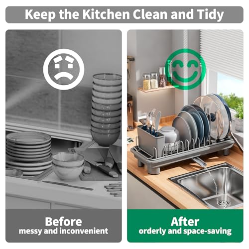 SanDream Small Dish Drying Rack with Removable Utensil Holder & Anti-Scratch Base - Stainless Steel Dish Rack, Dish Drying Rack with Drainage & Space Saving Design for Kitchen Counter, Gray - My Kitchen Products